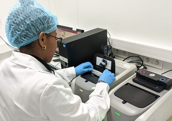 In a laboratory, a laboratory technician with her back turned handles FilmArray.