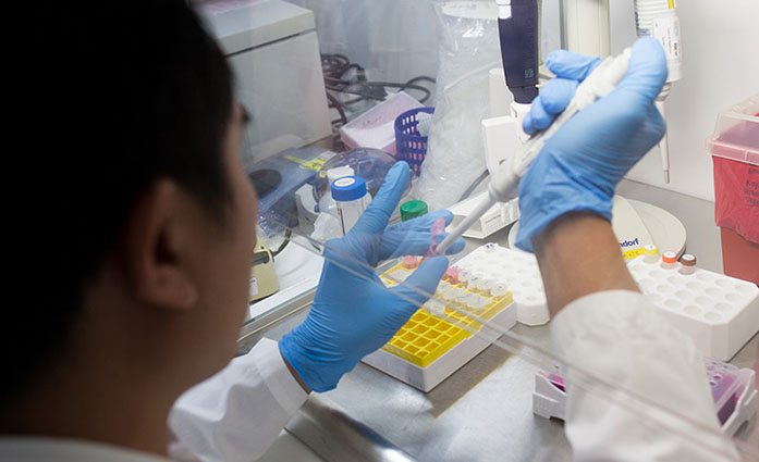 In the blurry foreground a laboratory technician manipulates samples which can be seen clearly from a low angle.