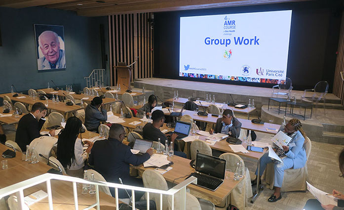 Course participants are in an amphitheater and working in groups in front of computers. In the background, a giant screen projects a presentation with written group work.